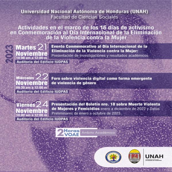 UNAH: Actividades en el marco de los 16 días de activismo en conmemoración al Día Internacional de la Eliminación de la Violencia contra la Mujer